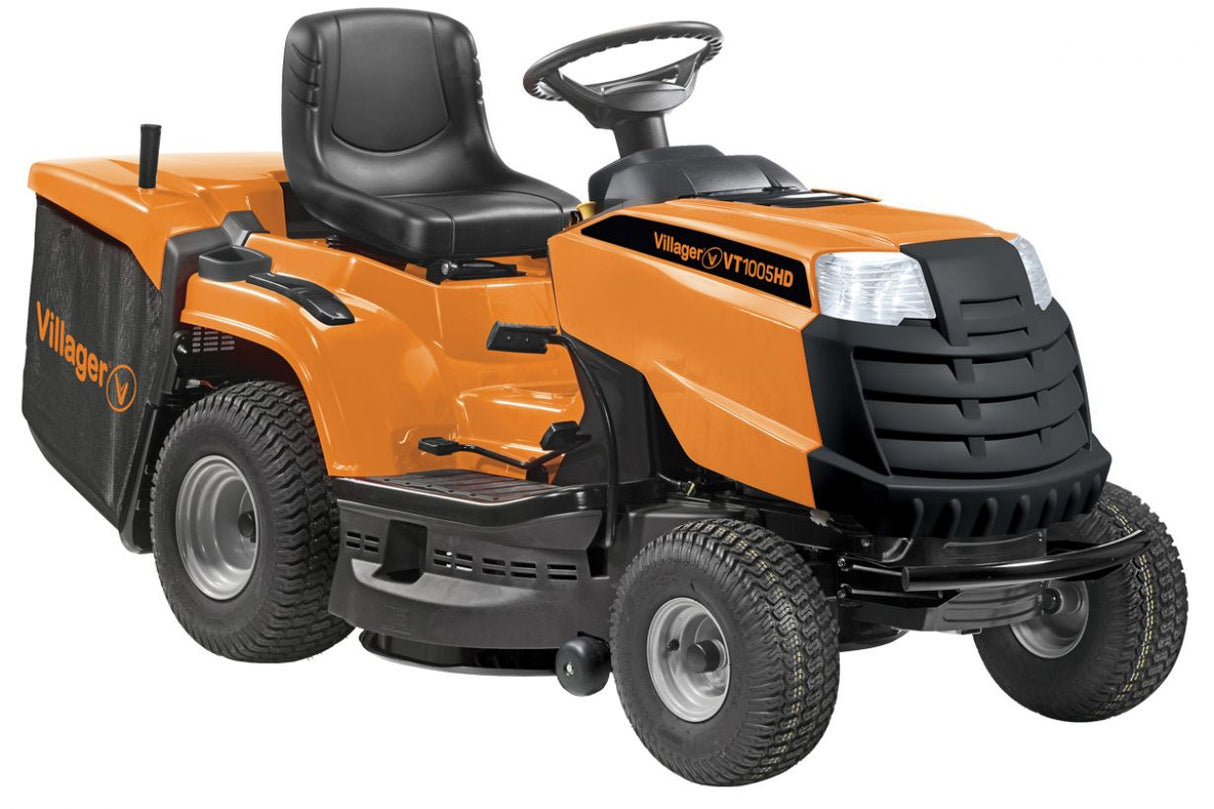 An image of a Villager VT 1005 HD lawn tractor, which is a riding mower for large lawn areas.