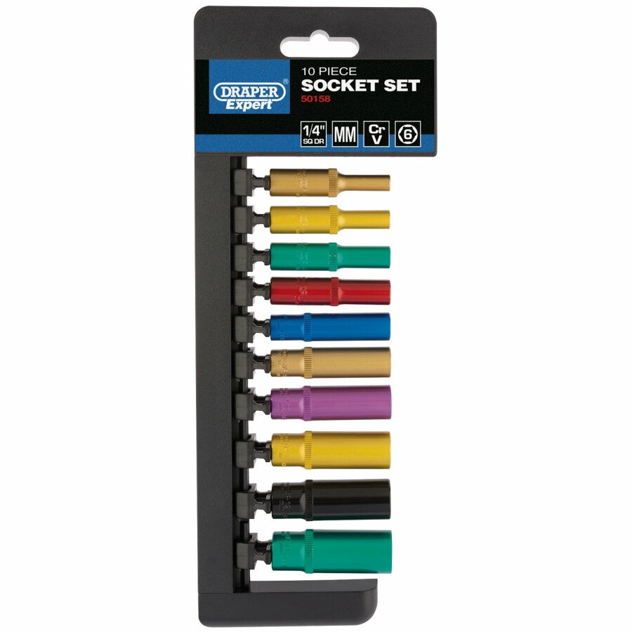 Draper Tools 1/4" Steckschlüsselschiene farbig, 10 Stück, lang D50158