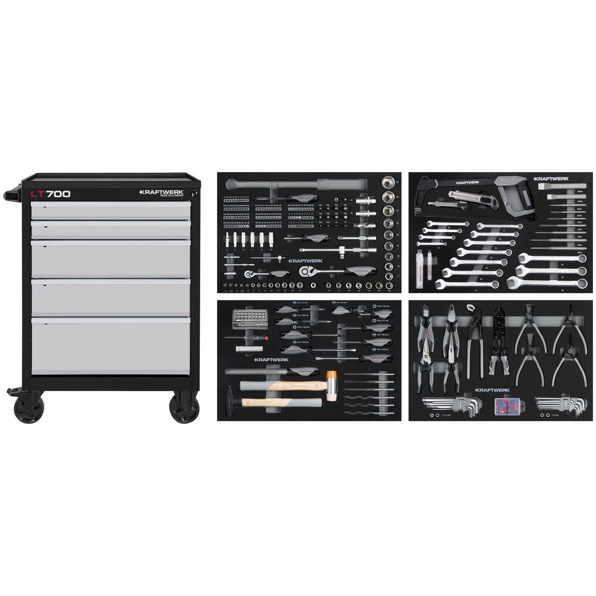 Kraftwerk Werkstattwagen bestückt - Werkstattwagen mit Werkzeug bestückt „Made in Germany“ Modell LT LINE LT700, 5 Schubladen, 337-tlg