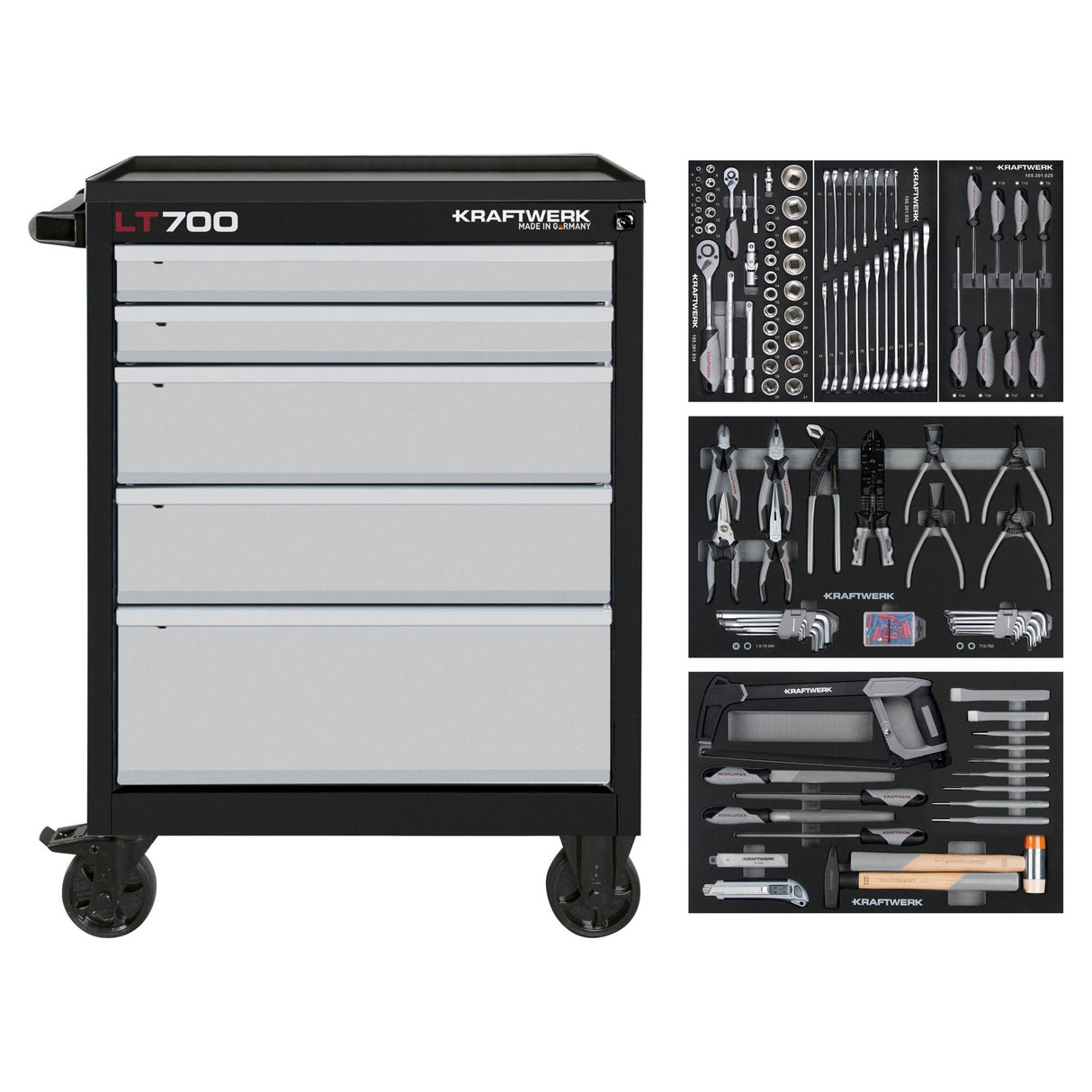 Kraftwerk Werkstattwagen bestückt „Made in Germany" LT700 Profi Werkstattwagen mit Werkzeug bestückt, 5 Schubladen, BASIC, 173-tlg.