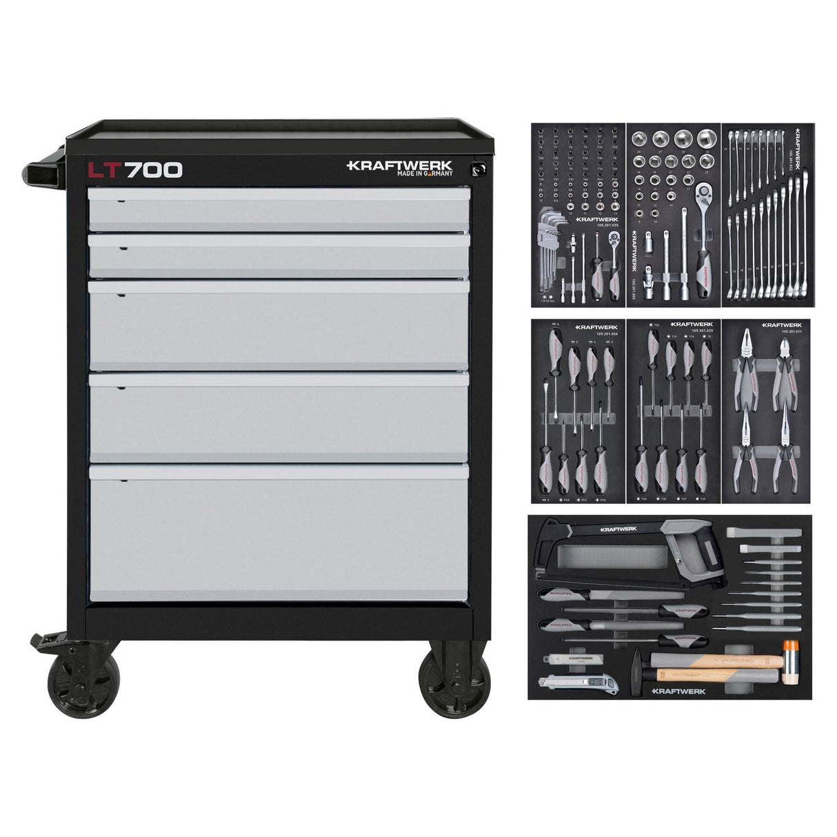 Kraftwerk Werkstattwagen bestückt „Made in Germany" LT700 Profi Werkstattwagen mit Werkzeug bestückt, 5 Schubladen, BASIC, 151-tlg.