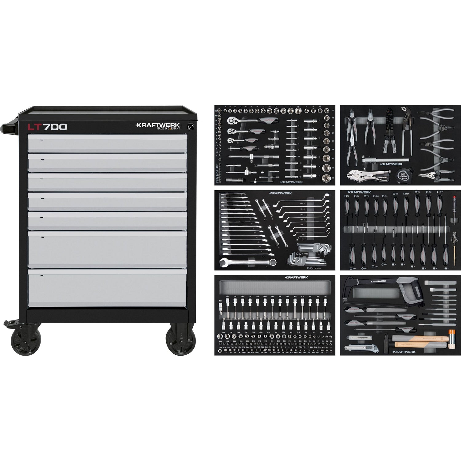 Kraftwerk Werkstattwagen bestückt - Werkstattwagen mit Werkzeug bestückt „Made in Germany“ Modell LT LINE LT700, 7 Schubladen, 301-tlg