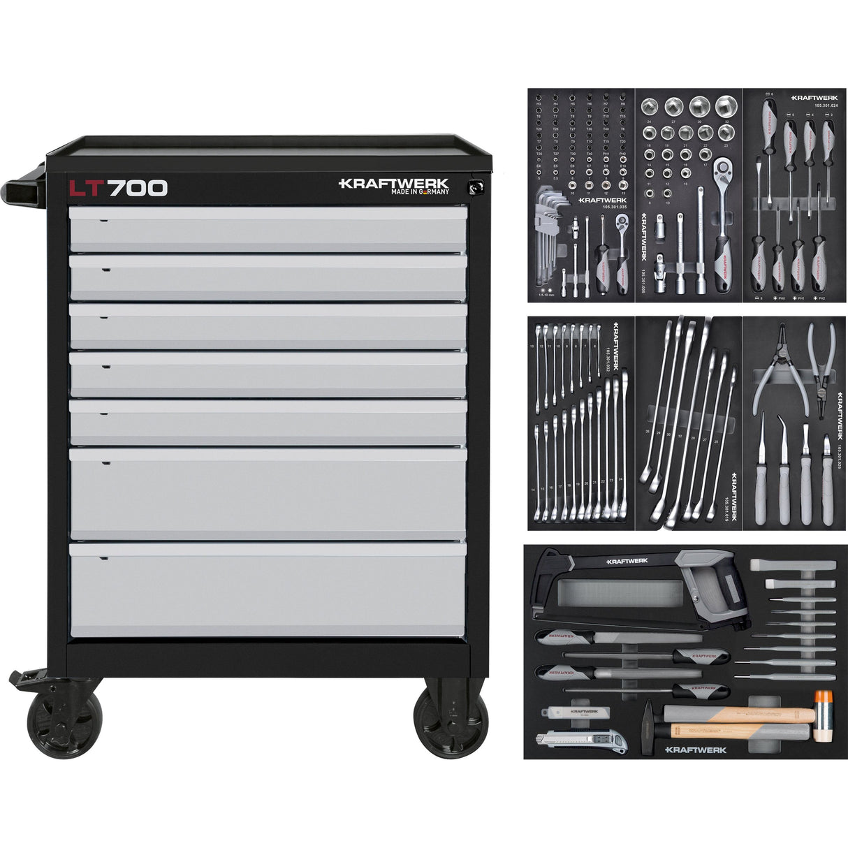 Kraftwerk Werkstattwagen bestückt - Werkstattwagen mit Werkzeug bestückt „Made in Germany“ Modell LT LINE LT700, 7 Schubladen, 155-tlg