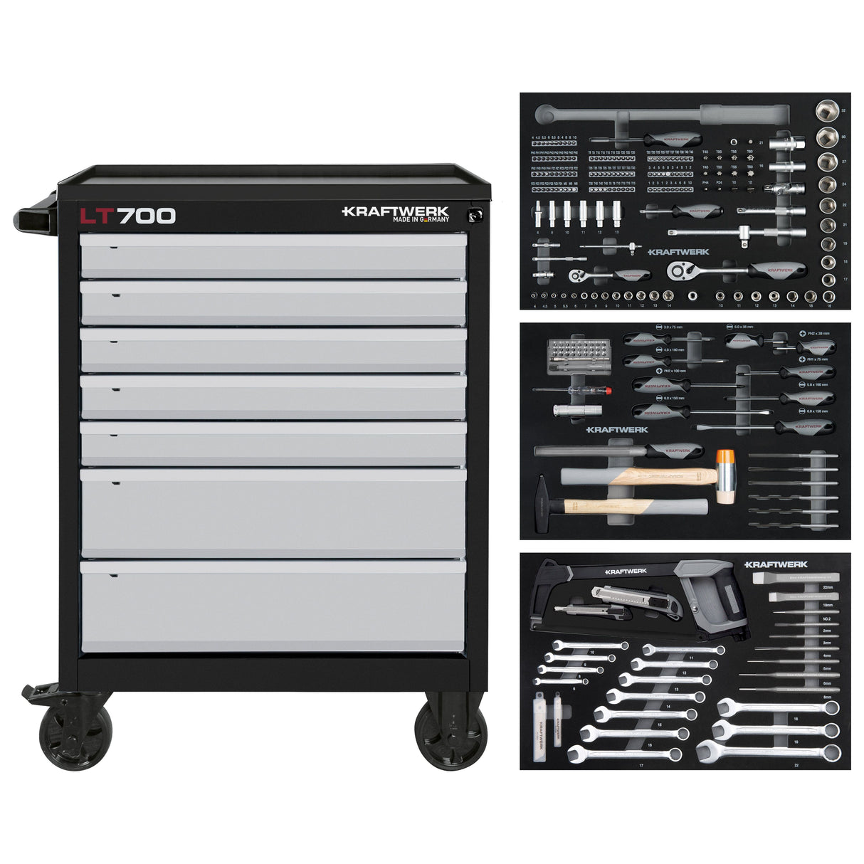 Kraftwerk Werkstattwagen bestückt - Werkstattwagen mit Werkzeug bestückt „Made in Germany“ Modell LT LINE LT700, 7 Schubladen, 259-tlg