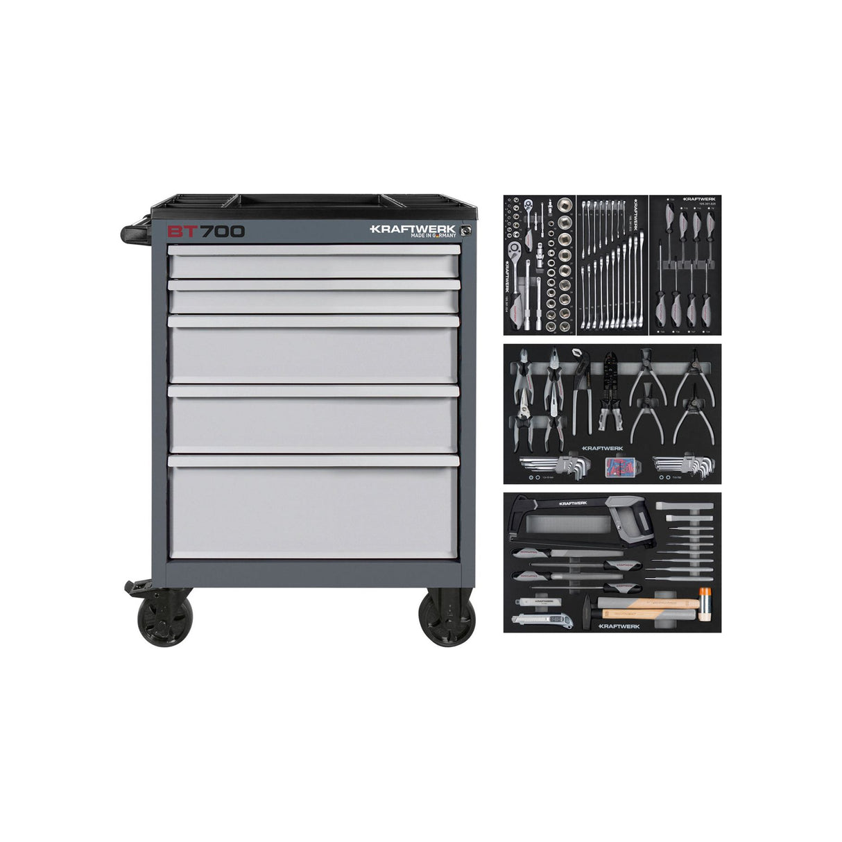 Kraftwerk Werkstattwagen bestückt „Made in Germany" BT700 Profi Werkstattwagen mit Werkzeug bestückt, 5 Schubladen, BASIC, 173-tlg.