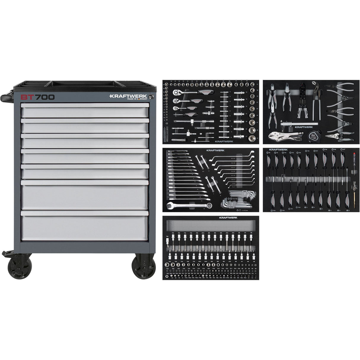 Kraftwerk Werkstattwagen bestückt - Werkstattwagen mit Werkzeug bestückt „Made in Germany“ Modell BASIC LINE BT700, 7 Schubladen, 274-tlg