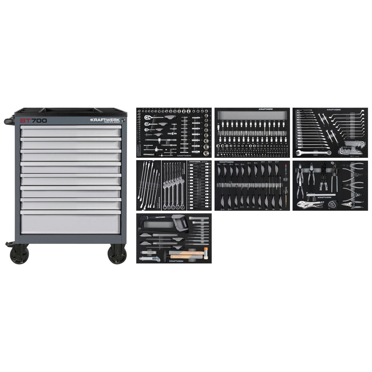 Kraftwerk Werkstattwagen bestückt „Made in Germany" BT700 Profi Werkstattwagen mit Werkzeug bestückt, 8 Schubladen, BASIC, 351-tlg.