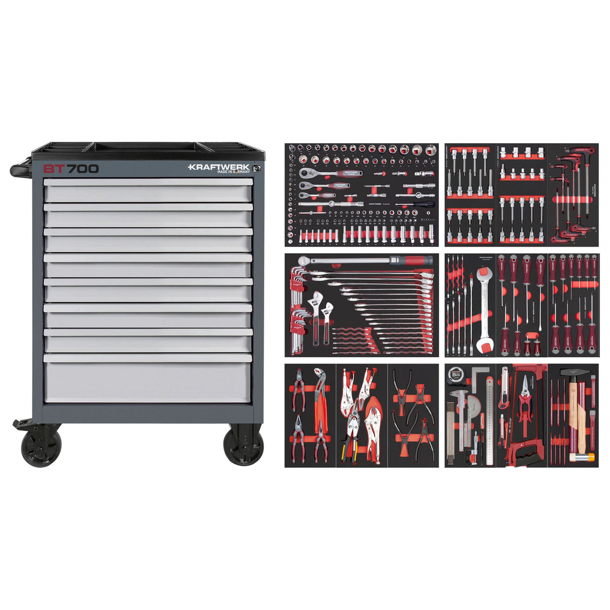 Kraftwerk Werkstattwagen bestückt „Made in Germany" BT700 Profi Werkstattwagen mit Werkzeug bestückt, 8 Schubladen, PRO, 296-tlg.