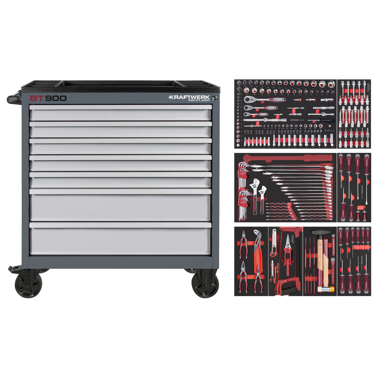 Kraftwerk Werkstattwagen bestückt „Made in Germany" BT900 Profi Werkstattwagen mit Werkzeug bestückt, 7 Schubladen, PRO, 278-tlg.