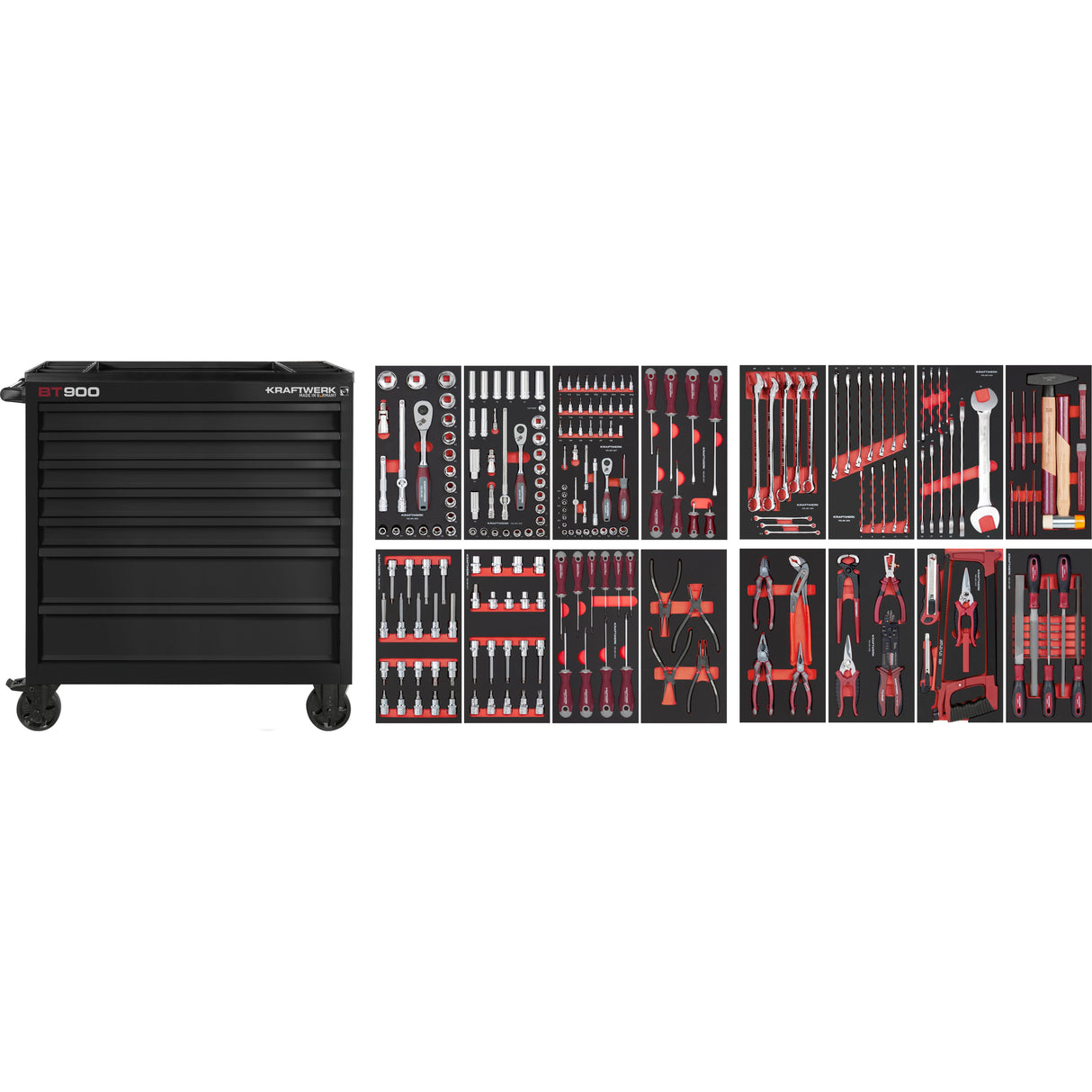 Tools.de black tool trolley with drawers and complete tool set including wrenches, screwdrivers, pliers, sockets, and hand tools.