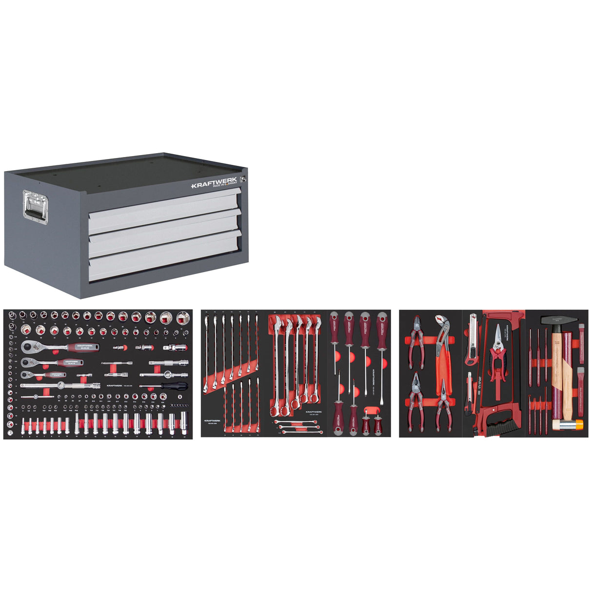 Kraftwerk Werkstattwagen bestückt - Werkstattwagen mit Werkzeug bestückt „Made in Germany“ Modell Werkzeugtruhe für LT700 / BT700, 3 Schubladen, PRO LINE Werkzeug, 189-tlg