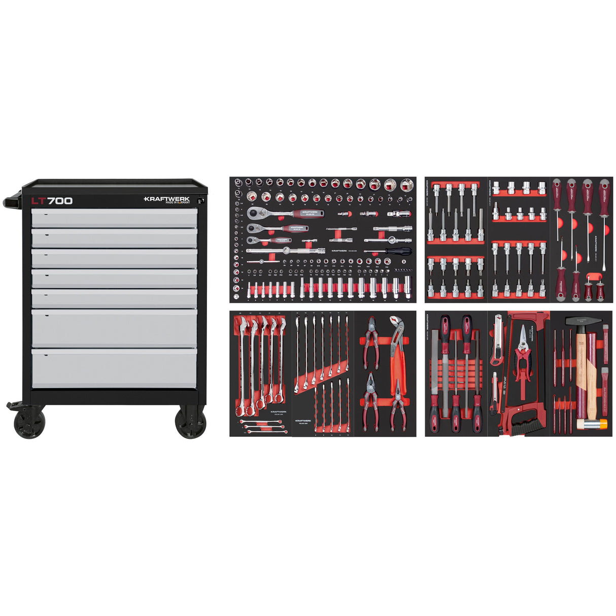 Kraftwerk Werkstattwagen bestückt - Werkstattwagen mit Werkzeug bestückt „Made in Germany“ Modell LT LINE LT700, 7 Schubladen, 238-tlg