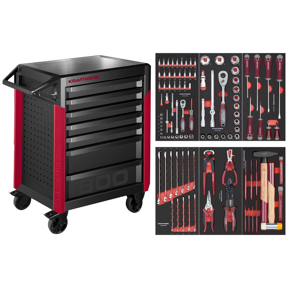 Kraftwerk Werkstattwagen bestückt - Werkstattwagen mit Werkzeug bestückt „Made in Germany“ Modell PRO LINE PT800, 7 Schubladen, 103-tlg