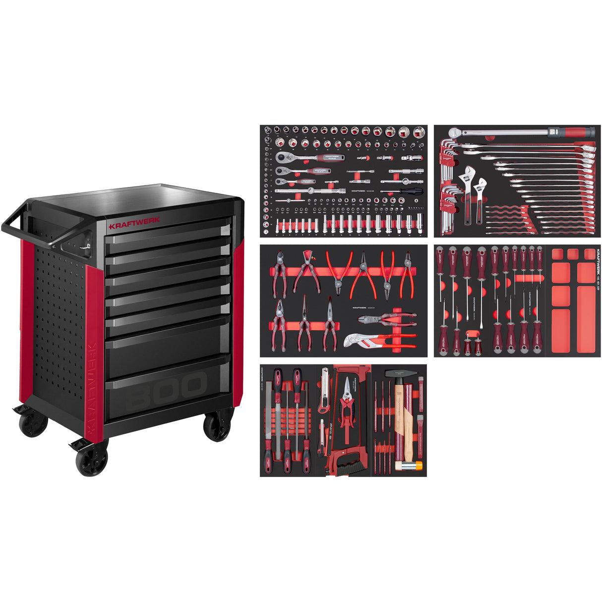 Tools.de professional tool trolley with 6 drawers and complete hand tool set including wrenches, sockets, pliers, screwdrivers, and accessories for workshop and garage use.