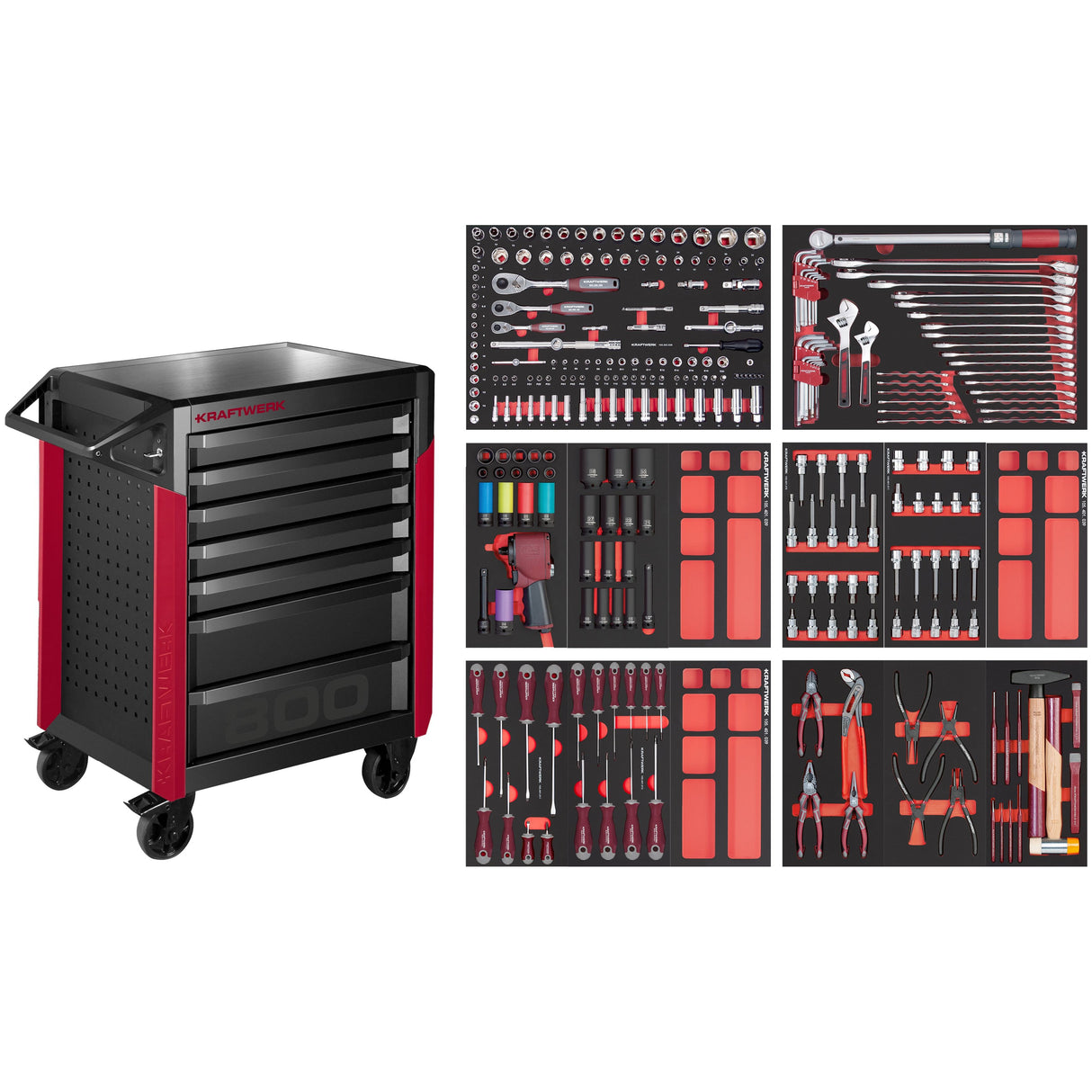 A red and black tool trolley with seven drawers, an integrated handle, and four casters, shown next to six foam tool inserts filled with a comprehensive set of sockets, wrenches, pliers, and screwdrivers. This type of professional tool set is available on Tools.de