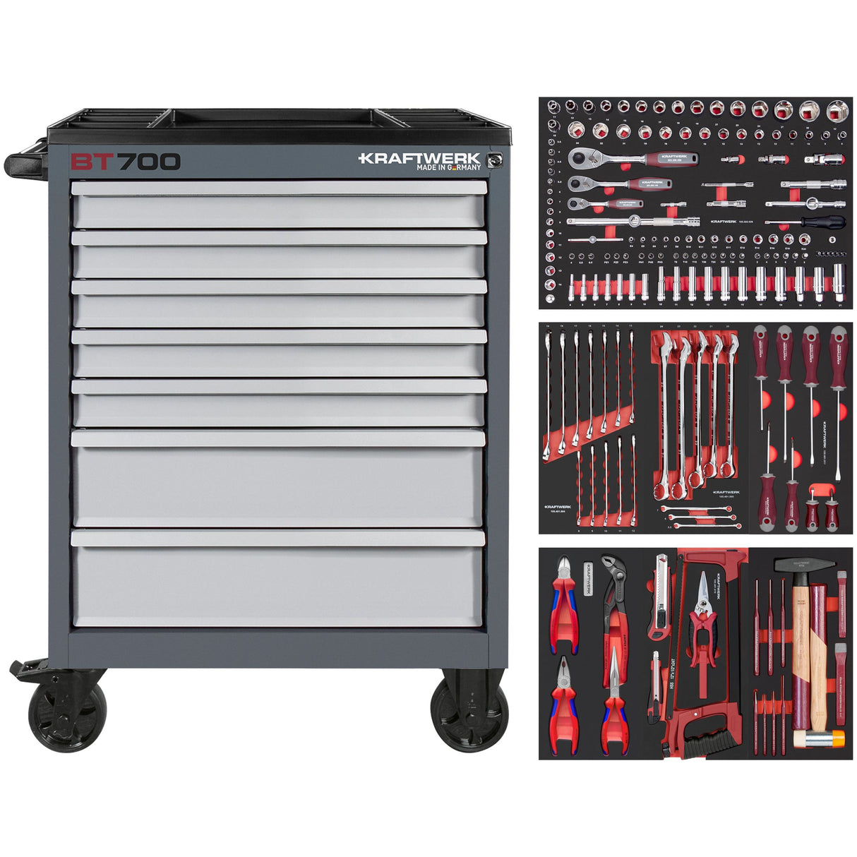 Kraftwerk Werkstattwagen bestückt - Werkstattwagen mit Werkzeug bestückt „Made in Germany“ Modell BASIC LINE BT700, 7 Schubladen, PRO LINE Werkzeug, 190-tlg