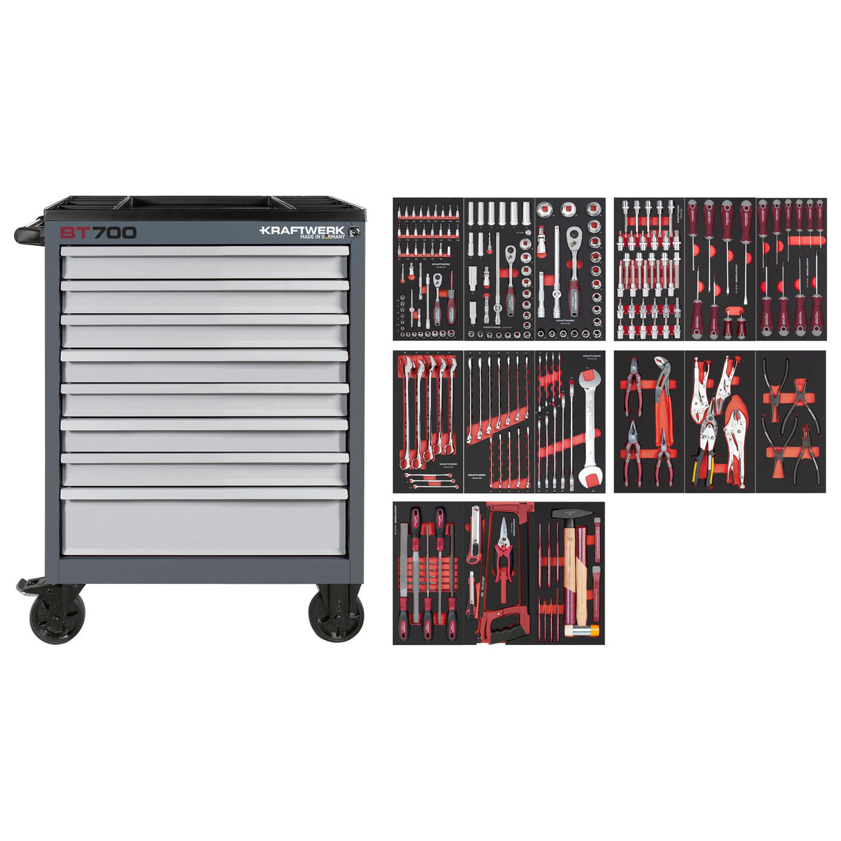 Kraftwerk Werkstattwagen bestückt „Made in Germany" BT700 Profi Werkstattwagen mit Werkzeug bestückt, 8 Schubladen, PRO, 237-tlg.