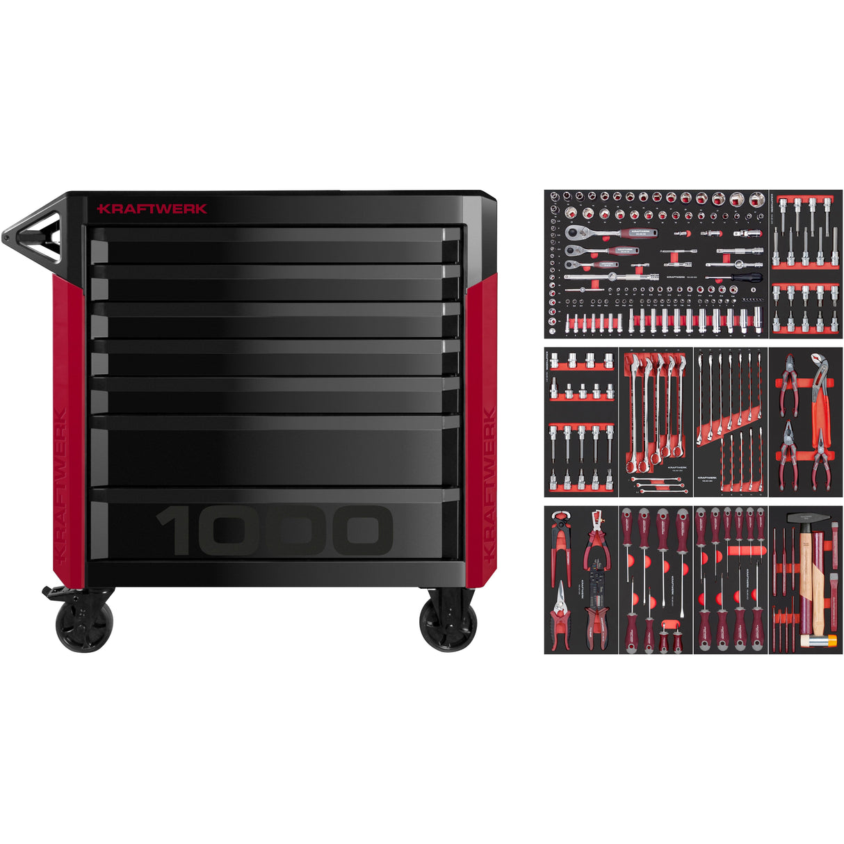 Kraftwerk Werkstattwagen bestückt - Werkstattwagen mit Werkzeug bestückt „Made in Germany“ Modell PRO LINE PT1000, 7 Schubladen, 221-tlg