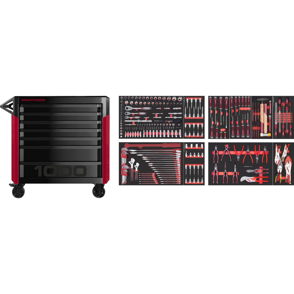 Tools.de professional tool trolley with 7 drawers and complete hand tool set including sockets, wrenches, pliers, screwdrivers, and accessories for workshop and garage use.