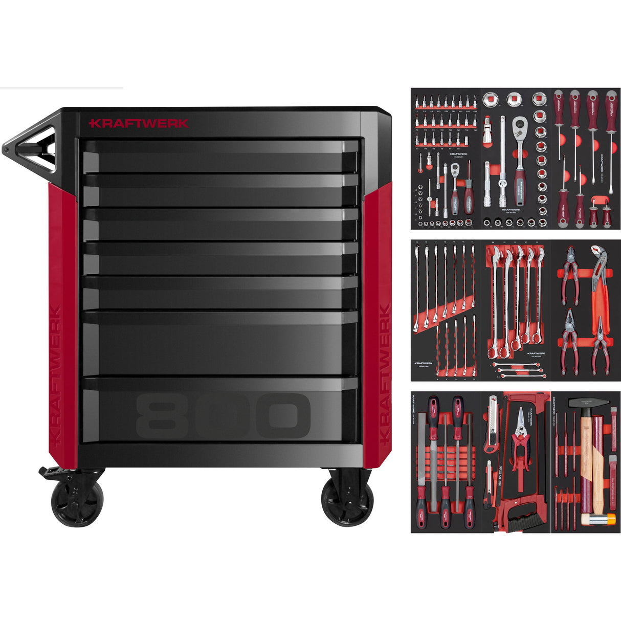 Kraftwerk Werkstattwagen bestückt - Werkstattwagen mit Werkzeug bestückt „Made in Germany“ Modell PRO LINE PT800, 7 Schubladen, 143-tlg