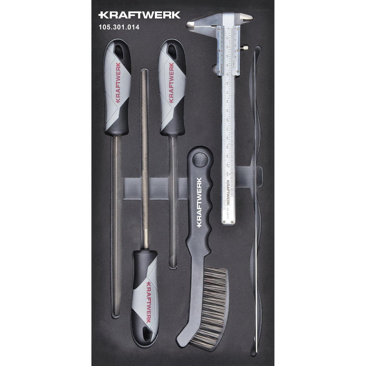 Kraftwerk BASIC LINE Feilensatz mit Stahldrahbürste und Messschieber, EVA-Einlage, 20 x 40 cm, 5-tlg