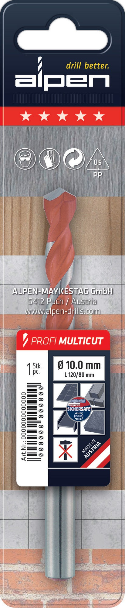 ALPEN Mehrzweckbohrer Profi Multicut 10 mm – Für Fliesen, Mauerwerk, Metall, Holz und Kunststoff