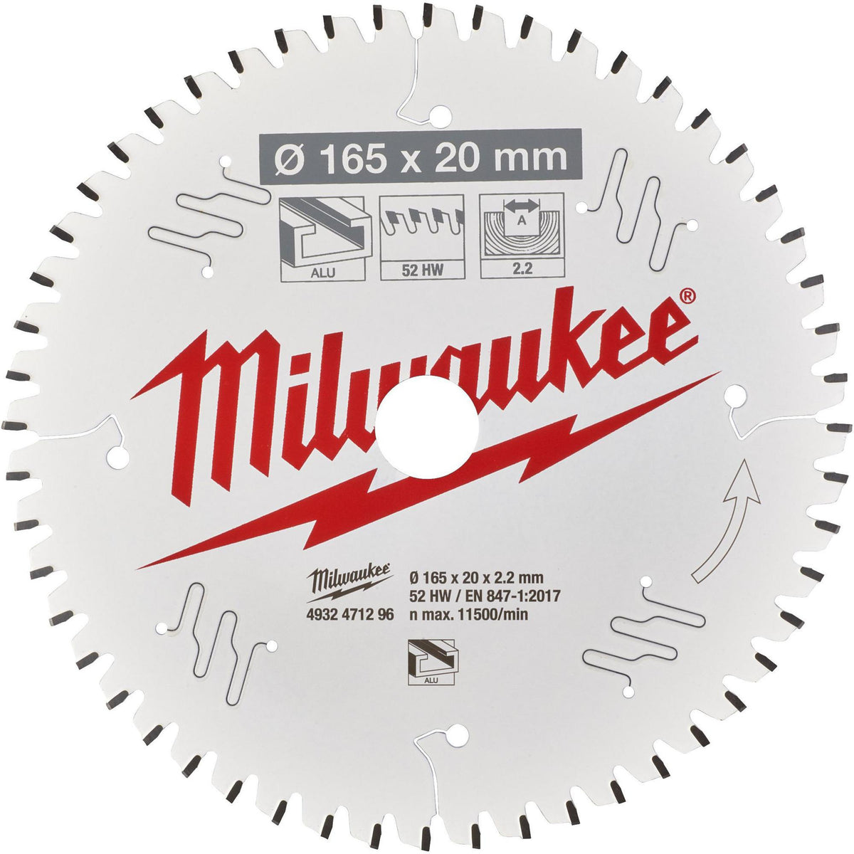 MILWAUKEE Kreissägeblatt 165 mm Z52 für Holz und Aluminium – Handkreissäge
