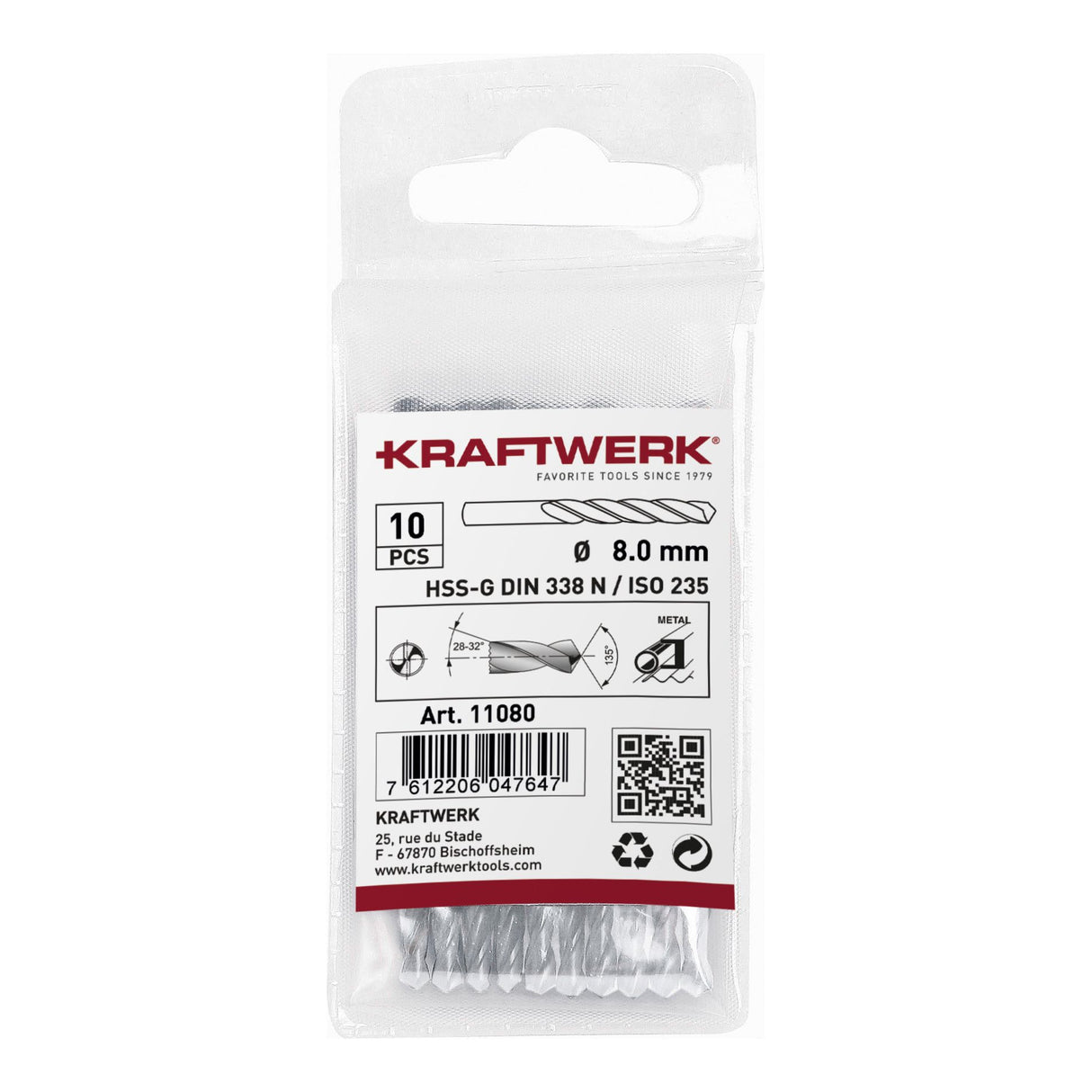 KRAFTWERK Spiralbohrer HSS-G DIN 338 Typ N 8.0 mm - KW-11080