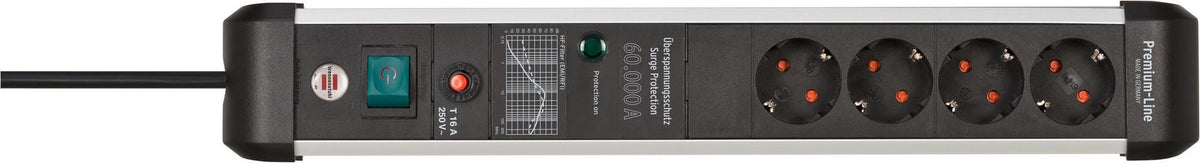 Brennenstuhl Steckdosenleiste Premium-Protect-Line 16 A 230 V mit 4 Steckdosen, Überspannungsschutz und Sicherungsautomat