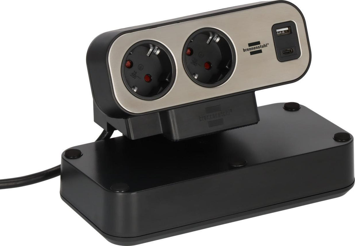 BRENNENSTUHL Tischsteckdosenleiste estilo Dublex 16 A 12 V silber – 9 Steckdosen, USB C 30 W, USB A 18 W