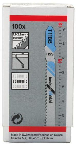 BOSCH Stichsägeblatt T 118 B HSS für Metall, 100 Stück, Zahnteilung 1,9-2,3 mm
