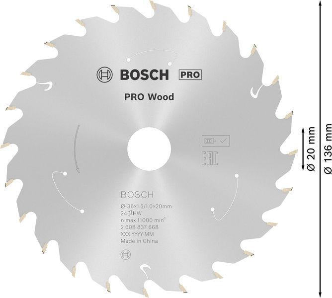 BOSCH Kreissägeblatt PRO Wood cordless 136 mm Z24 WZ für Akku-Handkreissägen