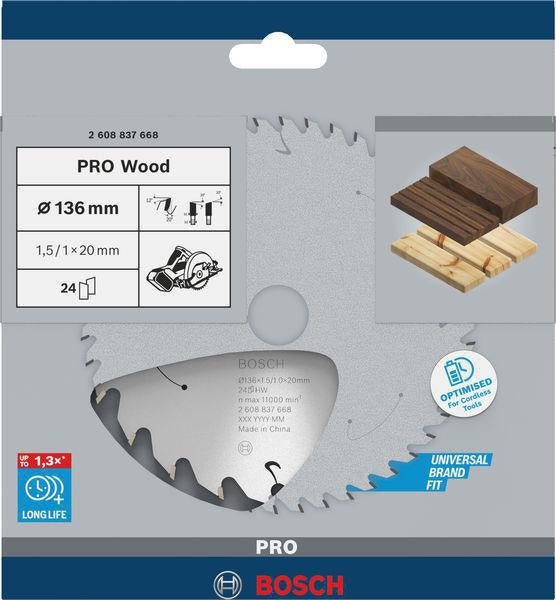 BOSCH Kreissägeblatt PRO Wood cordless 136 mm Z24 WZ für Akku-Handkreissägen