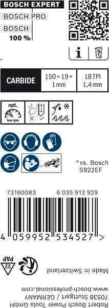 Bosch Expert Thin Tough Metal Säbelsägeblatt S522EHM 115 mm TPI 18 für Edelstahl