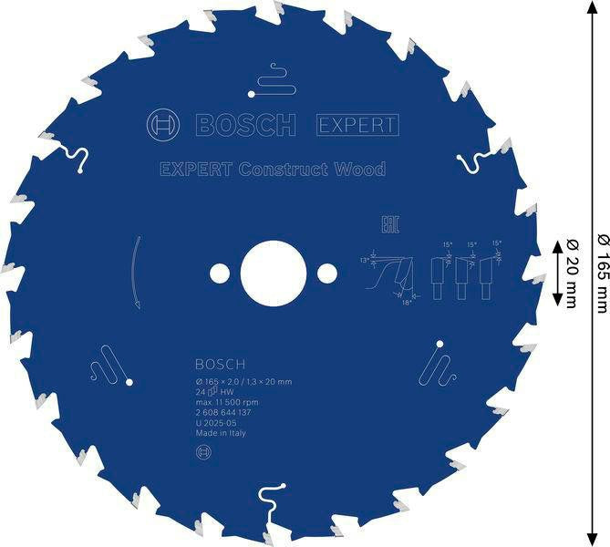 BOSCH Kreissägeblatt Expert for Construct Wood 165 mm, 24 Zähne, WZ, Bohrung 20 mm – für Holz mit Fremdkörpern