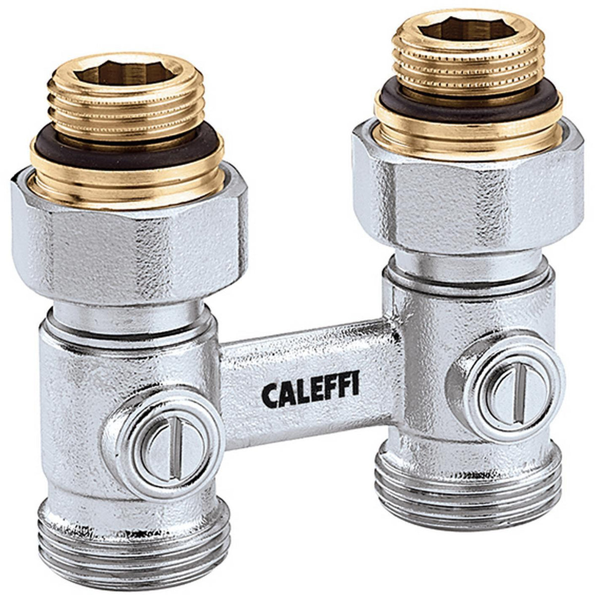 CALEFFI Zweirohr-Hahnblock Durchgang 1/2" AG x 3/4" AG mit Reduziernippel – Serie 301