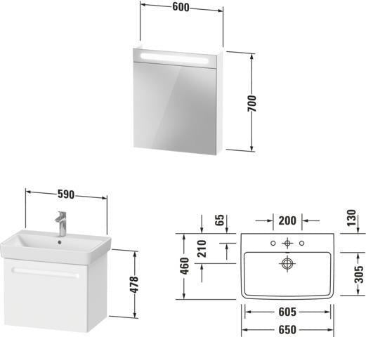 Duravit No.1 Möbel-Set 550x450mm mit Waschtisch, Unterbau und Spiegelschrank – Weiß Matt