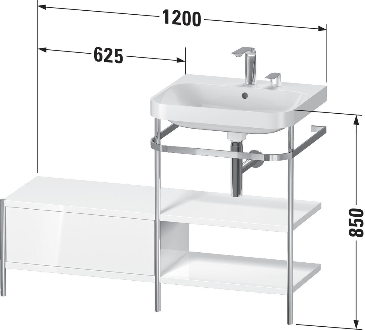 Duravit Happy D.2 Plus Waschtischunterbau 1200x490mm mit Metallkonsole, supermatt – bodenstehend, seitlicher Anbau links