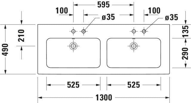 DURAVIT ME by Starck Doppel-Waschtisch 1300 mm Weiß mit Überlauf und 2 Hahnlöchern