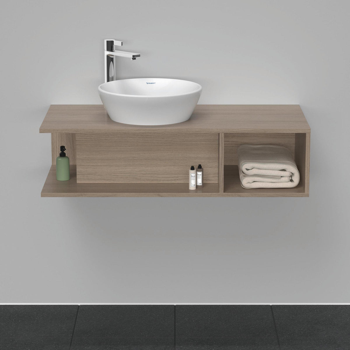 Duravit D-Neo Waschtischunterbau wandhängend 800 mm Eiche Terra, Becken links, 1 offenes Fach