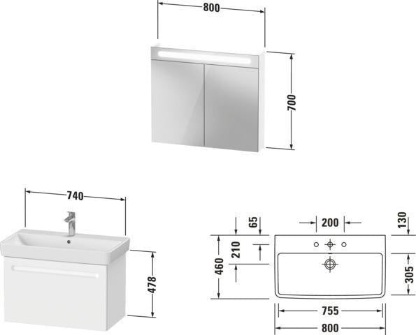 Duravit No.1 Möbel-Set 800x450mm mit Waschtisch, Unterbau & Spiegelschrank – Weiß Matt