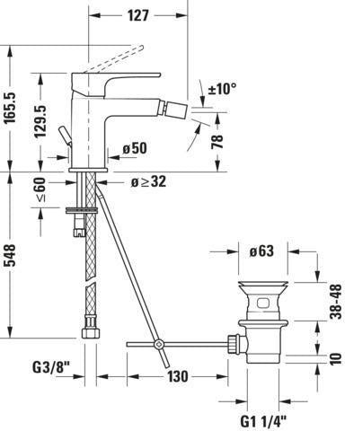 DURAVIT B.1 Einhebel-Bidetmischer Chrom 127 mm Ausladung mit Zugstangen-Ablaufgarnitur