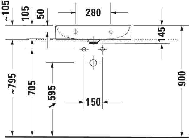 DURAVIT DuraSquare Möbel-Waschtisch 600 mm, DuraCeram, weiß, mit Hahnlochbank, ohne Überlauf