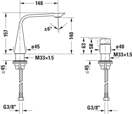 DURAVIT D.1 2-Loch Waschtischarmatur mit Drehgriff, Chrom – Keramikmischsystem, 148 mm Ausladung