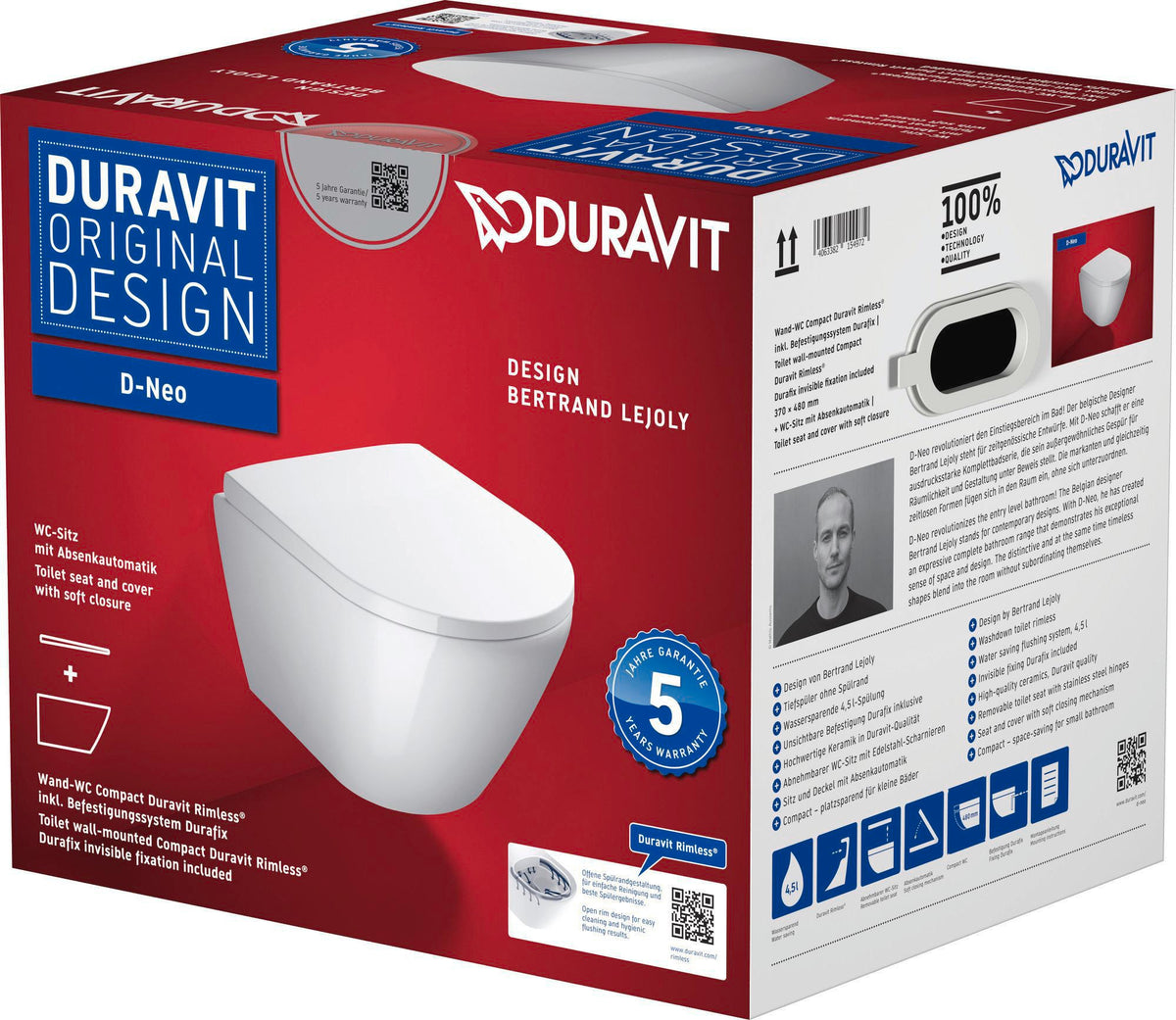 DURAVIT D-Neo Wand-Tiefspül-WC-Set 480 mm weiß spülrandlos mit WC-Sitz Absenkautomatik