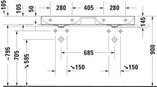 Duravit DuraSquare Doppel-Waschtisch 1200 mm, weiß, ohne Überlauf, mit 2 Hahnlöchern
