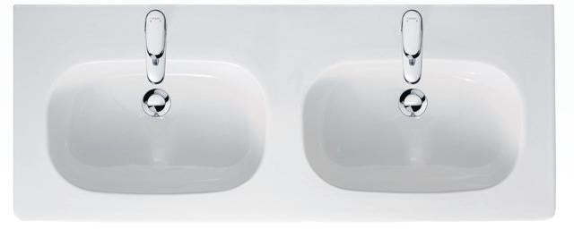 Duravit D-Code Doppelwaschtisch 1200 mm mit Überlauf, Hahnlochbank, 2 Becken, weiß