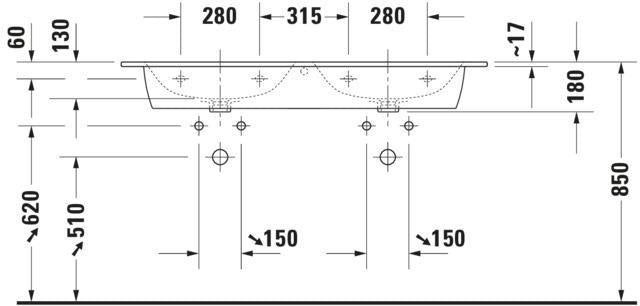 DURAVIT ME by Starck Doppel-Waschtisch 1300 mm Weiß mit Überlauf und 2 Hahnlöchern