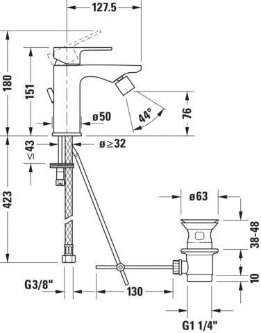 DURAVIT B.3 Einhebel-Bidetmischer mit Zugstangen-Ablaufgarnitur, chrom, 128 mm Ausladung