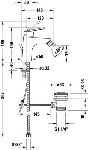 Duravit No.1 Einhebel-Bidetmischer 123 mm Chrom mit Zugstangen-Ablaufgarnitur